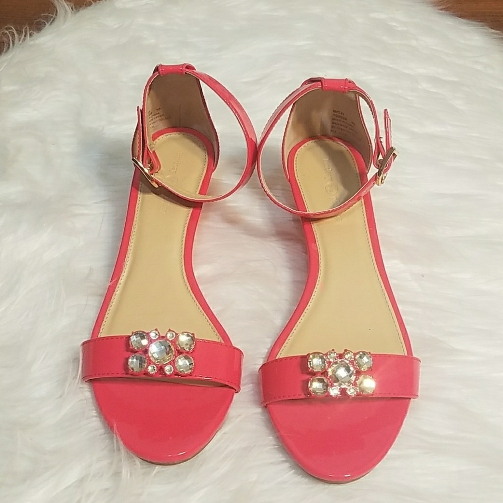 Coral Jeweled Ankle Strap Sandals Evening Party Dressy Shoes‎ EUC